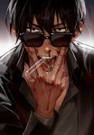  1boy black_eyes black_hair black_jacket blood blood_on_face collared_shirt grey_shirt highres jacket just_punisher long_sleeves looking_at_viewer male_focus nicholas_d._wolfwood nosebleed open_mouth partially_unbuttoned shirt short_hair solo teeth tongue tongue_out trigun trigun_stampede tsurime upper_body upper_teeth_only v-shaped_eyebrows vial 