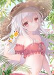  1girl bare_shoulders bikini breasts brown_headwear cleavage commentary day detached_sleeves food frilled_bikini frills grey_hair hair_between_eyes hat holding holding_food ice_cream long_hair original outdoors parted_lips plant puffy_short_sleeves puffy_sleeves red_bikini red_eyes red_sleeves shirogane_hina short_sleeves small_breasts solo strapless strapless_bikini straw_hat swimsuit symbol-only_commentary very_long_hair 