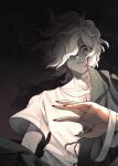  1boy absurdres closed_mouth cloud cloudy_sky collarbone danganronpa_(series) danganronpa_2:_goodbye_despair from_below frown green_jacket grey_hair highres jacket komaeda_nagito kusamochiaddict looking_at_hand looking_down medium_hair messy_hair nail_polish off_shoulder open_clothes open_jacket print_shirt red_nails shirt short_sleeves sky solo white_shirt 