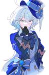  1girl absurdres ahoge ascot black_ascot black_gloves blue_eyes blue_gemstone blue_hair blue_headwear cowlick drop-shaped_pupils furina_(genshin_impact) gem genshin_impact gloves hair_between_eyes hat highres jacket light_blue_hair long_hair long_sleeves looking_at_viewer mismatched_pupils multicolored_hair shotgunman smile solo top_hat white_hair 