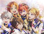  1other 4boys blonde_hair blue_eyes blush brown_hair ensemble_stars! green_eyes grey_hair knights_(ensemble_stars!) mochiko_ieeaaa multicolored_hair multiple_boys narukami_arashi open_mouth orange_hair purple_eyes red_eyes red_hair sakuma_ritsu sena_izumi_(ensemble_stars!) suou_tsukasa teeth tsukinaga_leo 