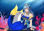  1girl animal ao_no_kiseki artist_name azumishard blue_hair blush claire_rieveldt coral coral_reef crown eiyuu_densetsu english_commentary jewelry long_hair mermaid mermaid_costume monster_girl nail_polish necklace purple_eyes seal_(animal) sidelocks sitting smile underwater zero_no_kiseki 