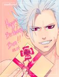  1boy annlu_vazzel arms_up ban_(nanatsu_no_taizai) box fang gift gift_box gradient_hair grey_hair grin happy_birthday highres holding holding_gift looking_at_viewer male_focus multicolored_hair nanatsu_no_taizai nude red_eyes scar scar_on_cheek scar_on_face scar_on_neck short_hair smile spiked_hair 
