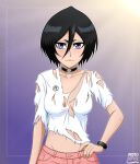  1girl black_choker black_hair bleach blue_eyes blush breasts choker closed_mouth collarbone hand_on_own_hip highres kuchiki_rukia looking_at_viewer mistowing navel no_bra pants pink_pants shirt short_hair small_breasts smile solo torn_clothes torn_shirt upper_body white_shirt 