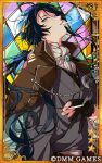  1boy akutagawa_ryuunosuke_(bungou_to_alchemist) ascot between_fingers black_gloves black_hair black_vest blue_eyes brooch brown_cape bungou_to_alchemist buttoned_cuffs cape card_(medium) cigarette copyright earrings facing_up gloves grey_kimono hair_tubes holding holding_cigarette japanese_clothes jewelry kimono kinako_(marubotan) lapels long_hair long_sleeves looking_at_viewer low_ponytail lowres male_focus notched_lapels official_art parted_lips partially_fingerless_gloves shirt sideways_glance smoke smoking solo stained_glass swept_bangs two-sided_cape two-sided_fabric upper_body vest white_ascot white_shirt 