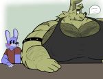  2023 anthro barazoku biceps blush body_hair bonnie_(fnaf) chest_hair clothed clothing digital_media_(artwork) duo eyebrows five_nights_at_freddy&#039;s five_nights_at_freddy&#039;s_3 fur green_body green_fur grey_background hi_res hictow lagomorph leporid male male/male mammal muscular muscular_anthro muscular_male open_mouth open_smile pecs purple_body purple_fur rabbit scar scottgames shirt simple_background sitting size_difference smile speech_bubble springtrap_(fnaf) talking_to_another tank_top topwear 