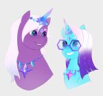  auroricorns aztrial blue_body blue_eyes blue_fur comet_(mlp) equid equine eyewear female fur glasses gradient_hair hair hasbro hi_res horn jewelry male mammal mlp_g5 my_little_pony necklace purple_body purple_fur purple_hair smile sparkles unicorn violet_frost_(mlp) white_hair 