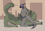  anthro bed big_penis brown_body callum_(zagz) comparing comparing_penis dialogue dinosaur duo furniture genitals green_body green_eyes hadrosaurid hi_res huge_penis inside lying male male/male markings ornithischian parasaurolophus penis purple_eyes reptile sauropod scalie size_difference spikes tail tail_markings zagz 