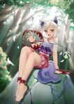  1girl absurdres ailu_elf animal_ears barefoot blush chinese_commentary collarbone dog_ears dog_tail fang foothold_trap grey_hair highres mitsugashira_enoko multiple_tails open_mouth pink_skirt purple_shirt red_eyes rock shirt short_hair sitting skin_fang skirt solo tail touhou tree 