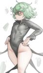  1girl black_dress breasts covered_navel curly_hair dress floating_rock green_eyes green_hair highres kelvin_hiu one-punch_man psychic side_slit small_breasts solo tatsumaki wide_hips 