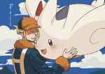  1boy blonde_hair blush closed_eyes cloud cloudy_sky commentary_request day elica_dayo floating hair_over_one_eye hat highres laughing male_focus outdoors pokemon pokemon_(creature) pokemon_(game) pokemon_legends:_arceus short_hair sky togekiss volo_(pokemon) wings 