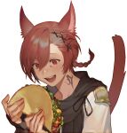  1boy :d animal_ears black_scarf braid braided_ponytail cat_boy cat_ears cat_tail excited facial_mark ffxivys final_fantasy final_fantasy_xiv food from_side g&#039;raha_tia hair_between_eyes hair_ornament hands_up holding holding_food looking_at_food low_ponytail male_focus miqo&#039;te neck_tattoo open_mouth red_eyes red_hair scarf short_hair simple_background single_braid slit_pupils smile solo swept_bangs taco tail tail_raised tattoo upper_body white_background x_hair_ornament 