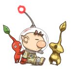  1boy alien backpack bag big_nose black_eyes brown_hair buttons closed_eyes colored_skin commentary_request full_body gloves hand_on_another&#039;s_arm helmet hole_in_head leaf looking_at_another monster naru_(wish_field) no_mouth olimar parted_lips patch pikmin_(creature) pikmin_(series) plasm_wraith pointy_ears pointy_nose radio_antenna red_bag red_gloves red_light red_pikmin red_skin shadow short_hair sitting slime_(substance) space_helmet spacesuit very_short_hair whistle white_background 