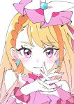  1girl blonde_hair blush fingernails hirogaru_sky!_precure ixy long_hair looking_at_viewer magical_girl pink_eyes precure simple_background smile solo upper_body white_background 