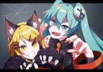  2girls absurdres alternate_color animal_ear_fluff animal_ears animal_hands black_shirt black_sleeves blonde_hair blue_eyes blue_hair claw_pose collared_shirt commentary_request detached_sleeves fake_animal_ears fingernails gloves grey_background grey_eyes grin hair_between_eyes hair_ornament hairclip hatsune_miku heterochromia highres kagamine_rin letterboxed long_bangs long_hair looking_at_viewer medium_bangs multiple_girls necktie object_through_head open_mouth orange_nails orange_necktie patchwork_skin paw_gloves screw_in_head shirt short_hair silk sleeveless sleeveless_shirt smile spider_web swept_bangs teeth twintails upper_body upper_teeth_only uziki_ntoki vocaloid wolf_ears yellow_eyes 
