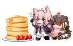  2girls animal_ear_fluff animal_ears arms_up biting black_gloves black_jacket black_necktie black_thighhighs blush brown_hair butter chibi closed_eyes dog_ears dog_girl dog_tail dress dual_wielding extra_ears fang fang_out fingerless_gloves floppy_ears food fruit girls&#039;_frontline gloves hair_ornament heart highres holding holding_knife jacket kemonomimi_mode knife long_hair long_sleeves m4a1_(girls&#039;_frontline) multicolored_hair multiple_girls necktie no_mouth open_clothes open_jacket pancake pancake_stack pink_hair simple_background single_fingerless_glove sitting st_ar-15_(girls&#039;_frontline) standing star_(symbol) strawberry streaked_hair syrup tail tail_biting thighhighs v-shaped_eyebrows white_background white_dress wolf_ears wolf_girl wolf_tail yuutama2804 