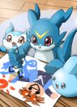  anthro bandai_namco blue_body crayon digimon digimon_(species) drawing evolutionary_family feral group hi_res horn male manchi_kaaan red_eyes scalie trio veemon 