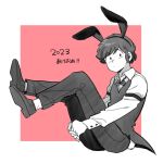  1boy 2023 akeome animal_ears chinese_zodiac coattails fake_animal_ears hairband happy_new_year highres looking_at_viewer male_focus male_playboy_bunny moroboshi_ataru nai0524 pink_background playboy_bunny rabbit_ears sitting solo urusei_yatsura waistcoat year_of_the_rabbit 