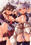  2girls animal_ear_fluff animal_ears barefoot breasts brown_hair choker cleavage commentary_request dress hair_between_eyes hair_flaps hat highres hira_(nanika_no_heya) imaizumi_kagerou inubashiri_momiji japanese_clothes jewelry kimono large_breasts long_hair looking_at_viewer lying multiple_girls off-shoulder_dress off_shoulder on_back on_bed open_mouth pelvic_curtain pom_pom_(clothes) pussy_juice red_choker red_dress red_eyes red_headwear ring short_eyebrows short_hair tail teeth thighhighs tokin_hat touhou two-tone_dress upper_teeth_only white_dress white_hair white_kimono white_thighhighs wolf_ears wolf_girl wolf_tail 