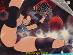  1girl areola_slip artist_name ass ball basketball basketball_(object) basketball_uniform bluethebone bluethebone_(character) breasts brown_eyes brown_hair elbow_pads english_text from_below highres indoors knee_pads large_breasts lights micro_shorts original partially_visible_vulva patreon_username polka_dot_socks retro_artstyle shoes shorts slam_dunk_(basketball) sneakers solo sportswear spread_legs 