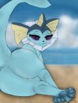  absurd_res beach blue_body blue_paws blue_skin blush butt cloud eeveelution female feral fin frill_(anatomy) generation_1_pokemon hi_res looking_at_viewer lying nintendo on_side pawpads paws pokemon pokemon_(species) purple_eyes purple_sclera seaside sky smile solo tail twf vaporeon 