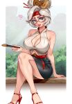  1girl absurdres bare_arms bare_shoulders black_skirt breasts bush cleavage crossed_legs darkmoney glasses grey_hair hair_bun hair_ornament heart high_heels highres holding holding_paintbrush large_breasts lips looking_at_viewer mask mask_on_head miniskirt outdoors paintbrush patreon_username pencil_skirt purah red-framed_eyewear red_eyes red_footwear round_eyewear sideboob sitting skirt sleeveless solo the_legend_of_zelda the_legend_of_zelda:_tears_of_the_kingdom watermark 