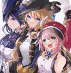  3girls :d aqua_eyes arm_up armpits ascot bare_shoulders black_gloves black_headwear blonde_hair blue_ascot blue_eyes bow bowtie breasts brooch charlotte_(genshin_impact) clorinde_(genshin_impact) commentary_request detached_sleeves engasaki_sakura genshin_impact gloves grey_background hat highres jewelry large_breasts long_hair long_sleeves looking_at_viewer multiple_girls navia_(genshin_impact) open_mouth pink_hair purple_eyes purple_hair red_headwear shirt sleeveless sleeveless_shirt smile tricorne upper_body very_long_hair white_gloves white_shirt 