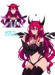  1girl absurdres black_corset blue_eyes breasts cleavage corset crystal_wings demon_girl demon_horns demon_tail detached_sleeves dress heterochromia highres hololive hololive_english horns irys_(1st_costume)_(hololive) irys_(hololive) long_hair looking_at_viewer multicolored_hair pointy_ears purple_hair red_hair tail thighhighs very_long_hair virtual_youtuber wabiwasabi white_dress 