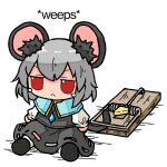  animal_ear_fluff animal_ears character_doll cheese closed_mouth commentary english_text food frown full_body fumo_(doll) grey_hair grey_skirt grey_vest jitome kasuya_baian long_sleeves mouse_ears mouse_girl mouse_tail mousetrap nazrin no_humans red_eyes short_hair simple_background sitting skirt skirt_set tail tears touhou v-shaped_eyebrows vest white_background 