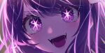  1girl absurdres chromatic_aberration close-up commentary_request eyelashes fangs hair_between_eyes hair_ornament highres hoshino_ai_(oshi_no_ko) jebura light_particles looking_at_viewer open_mouth oshi_no_ko purple_eyes purple_hair sidelocks solo star-shaped_pupils star_(symbol) swept_bangs symbol-shaped_pupils teeth 