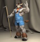  2017 ankle_tuft anthro barefoot biceps body_hair bovid bovine braford brown_hair cattle chest_hair clothing curtains facial_piercing feet fur gesture grey_body grey_fur hair happy_trail hoe holding_object hooves horn jack_(braford) leg_tuft looking_at_viewer male mammal musclegut muscular muscular_anthro muscular_male nipples nose_piercing nose_ring obliques overalls pecs piercing plantigrade pose ring_piercing scarf shirtless signature solo standing tail tail_tuft tools tuft waving waving_at_viewer 