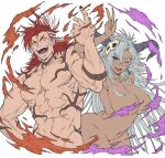  1boy 1girl abs body_markings breasts completely_nude dark-skinned_female dark_skin fediel_(granblue_fantasy) granblue_fantasy grey_hair highres horns large_breasts long_hair looking_at_viewer multicolored_hair muscular muscular_male navel nipples nude one_eye_closed open_mouth purple_eyes red_eyes red_hair smile two-tone_hair v white_hair wilnas_(granblue_fantasy) zanki 