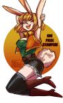  2020 anthro blonde_hair boots bottomwear carrot_(one_piece) clothing cropped_jacket cutoffs denim denim_clothing english_text female fluffy fluffy_tail footwear fur hair hands_behind_head happy hi_res jumping lagomorph legwear leporid mammal minkmen_(one_piece) one_piece open_mouth pose rabbit shorts smile socks solo tail text thigh_highs thigh_socks wallpengi white_body white_fur 