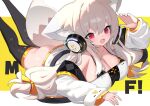  1girl animal_ears arm_up ass black_bra black_thighhighs bra breasts cleavage fang feet_out_of_frame fox_ears fox_girl fox_tail grey_hair hair_between_eyes headphones jacket large_breasts long_hair looking_at_viewer low_twintails lying mamuru no_pants off_shoulder on_stomach open_mouth original pink_eyes skin_fang smile solo tail thighhighs twintails underwear white_jacket yellow_background 