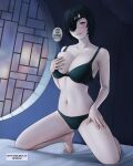  1girl absurdres bed black_bra black_hair black_panties blush bra breasts chainsaw_man cleavage dismaiden english_text eyepatch grey_eyes hand_up highres himeno_(chainsaw_man) large_breasts looking_at_viewer navel on_bed panties short_hair solo underwear window 