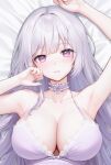  1girl armpits arms_up bed_sheet blush breasts character_request choker cleavage collarbone dress frilled_choker frills highres large_breasts lethe_(lethe187) long_hair looking_at_viewer lying on_back parted_lips purple_eyes solo virtual_youtuber white_dress white_hair 