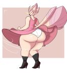  anthro avian beak big_butt bird bottomwear butt clothed clothing clothing_lift cockatoo dress feathers female footwear headmistress_(jwinkz) hi_res high_heels jwinkz parrot pink_clothing rear_view shocked simple_background skirt skirt_lift solo white_body white_feathers wind 