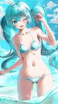  1girl aqua_bikini aqua_eyes aqua_hair ass_visible_through_thighs bikini blue_sky breasts cloud commentary day hair_ornament hatsune_miku highres leaning_to_the_side long_hair looking_at_viewer one_eye_closed open_mouth outdoors revision round_teeth shirubaa sky small_breasts smile solo striped striped_bikini swimsuit teeth twintails upper_teeth_only very_long_hair vocaloid water 