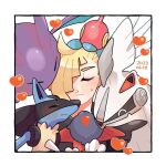  1boy affectionate ahoge blonde_hair blush border closed_eyes closed_mouth commentary_request crobat daifuku_(pokefuka_art) eyelashes facing_viewer gladion_(pokemon) hair_over_one_eye heart lucario male_focus pokemon pokemon_(creature) pokemon_(game) pokemon_sm porygon-z short_hair silvally smile sweatdrop weavile white_border 