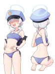  1girl :d absurdres ass barefoot bikini blue_archive blue_bikini blush chuo8008 hair_over_eyes halo hat highres multiple_views seiza simple_background sitting smile sweatdrop swimsuit valkyrie_police_academy_student white_background 
