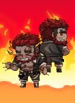  2boys >_< abs bara bare_pectorals beard blush chibi chibi_only eyebrow_cut facial_hair fate/grand_order fate_(series) fire flaming_eye full_body gradient_background hephaestus_(housamo) highres looking_at_another male_focus mechanic multiple_boys open_clothes open_shirt parody pectorals red_hair riyo_(lyomsnpmp)_(style) sdz_(inazuma) short_hair simple_background smile style_parody talos_(housamo) thick_eyebrows tokyo_afterschool_summoners 