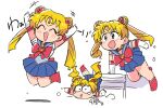  bishoujo_senshi_sailor_moon blue_eyes blue_skirt blush celebration chibi choker falling gloves happy magical_girl red_choker red_footwear sailor_moon simple_background skirt translation_request tsubobot tsukino_usagi variations white_background white_gloves 