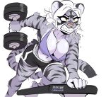  2023 absurd_res anthro athletic athletic_anthro athletic_female biped black_body black_fur bodily_fluids breasts capaoculta claws clenched_teeth digital_media_(artwork) dumbbell exercise felid female finger_claws fur grey_body grey_fur hair hi_res mammal navel pantherine simple_background solo striped_body striped_fur stripes sweat teeth tiger weights white_background white_body white_fur white_hair workout yellow_eyes 