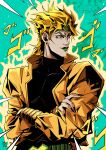  1boy absurdres aura blonde_hair crossed_arms darwh dio_brando earrings fingernails green_background green_lips headband highres jacket jewelry jojo_no_kimyou_na_bouken looking_to_the_side male_focus menacing_(jojo) red_eyes sharp_fingernails solo stardust_crusaders turtleneck upper_body yellow_jacket 