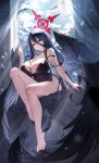  1girl absurdres barefoot black_camisole black_choker black_hair black_wings blue_archive breasts camisole choker cleavage closed_mouth collarbone feathered_wings feathers feet halo hasumi_(blue_archive) highres huge_breasts knee_up legs long_hair okkimon red_eyes red_halo sitting solo toes very_long_hair wings 