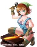  1girl blacksmith boots breasts brown_footwear brown_gloves brown_hair cleavage closed_mouth copyright_request gloves glowing_hot green_eyes hair_between_eyes hammer head_scarf holding holding_hammer kuzumochi_(kuzumochiya) looking_at_viewer medium_breasts official_art on_one_knee overalls simple_background solo tank_top thigh_boots tongs torn_clothes torn_tank_top white_background white_tank_top 
