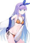  1girl bare_shoulders bikini blue_eyes blue_jacket blue_ribbon blush breasts coffeekite collarbone fate/extra fate/extra_ccc fate/grand_order fate_(series) hair_ribbon highres jacket long_hair long_sleeves looking_at_viewer meltryllis_(fate) navel off_shoulder open_clothes open_jacket orange_bikini purple_hair raglan_sleeves ribbon small_breasts solo swimsuit thighs very_long_hair white_sleeves 