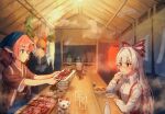  2girls animal animal_ears bird bird_ears bird_wings blue_headwear blush bo_cota bottle bow brown_eyes brown_kimono chopsticks closed_mouth collared_shirt cup daikon drinking_glass fish_(food) food food_stand fujiwara_no_mokou grilled_eel hair_between_eyes hair_bow head_scarf highres holding holding_cup japanese_clothes kimono long_hair long_sleeves maneki-neko multiple_girls mystia_lorelei obi okamisty onion pants pink_hair pink_wings radish red_eyes red_pants sash shirt short_hair smile sparrow suspenders touhou white_bow white_hair white_shirt wide_sleeves wings yatai 