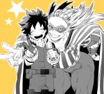  1boy 1girl ^_^ age_difference american_flag american_flag_print belt_pouch bent_over blue_eyes blush boku_no_hero_academia breasts closed_eyes cowboy_shot domino_mask eyebrows_hidden_by_hair flag_print ganbartohu0 gloves greyscale_with_colored_background hair_slicked_back hands_up happy head_tilt impossible_hair long_hair looking_at_viewer mask medium_breasts midoriya_izuku muscular muscular_female nose open_mouth outline outstretched_arm pouch round_teeth short_hair side-by-side simple_background skin_tight smile snap-fit_buckle spot_color star_(symbol) star_and_stripe_(boku_no_hero_academia) striped_bodysuit striped_cape superhero teeth thick_thighs thighs upper_body v vambraces white_outline yellow_background 