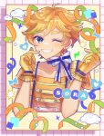  1boy blonde_hair blue_eyes character_name cloud confetti double_finger_heart earrings ensemble_stars! gloves harukawa_sora heart highres jewelry looking_at_viewer male_focus multicolored_background neck_ribbon official_alternate_costume one_eye_closed orange_gloves orange_shirt red_background ribbon riri_(riri_nemuioo0) shirt smile solo star_(symbol) striped striped_background teeth yellow_background 